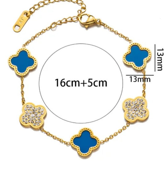 18K Gold PVD Plated stainless steel blue flower and diamond bracelet