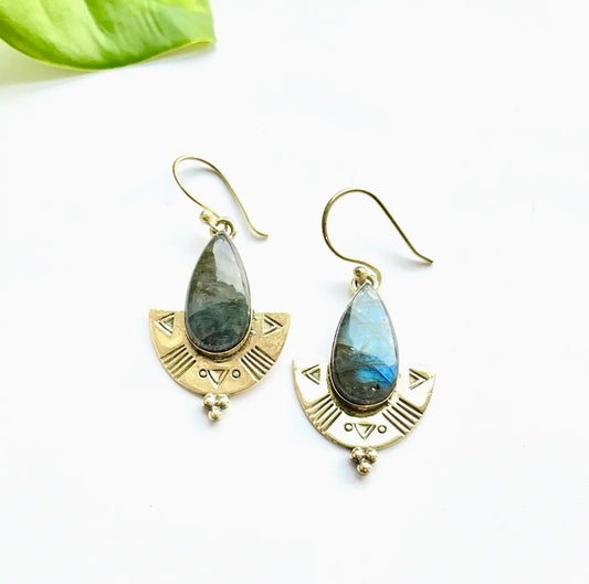 Brass Etched Labradorite Shield Earrings