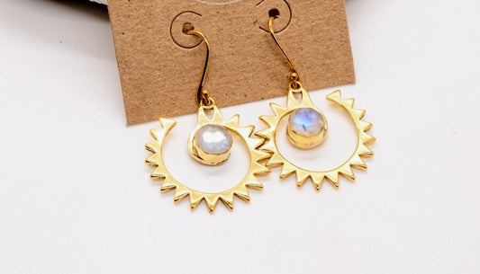 Moonstone and Brass Sun Earrings